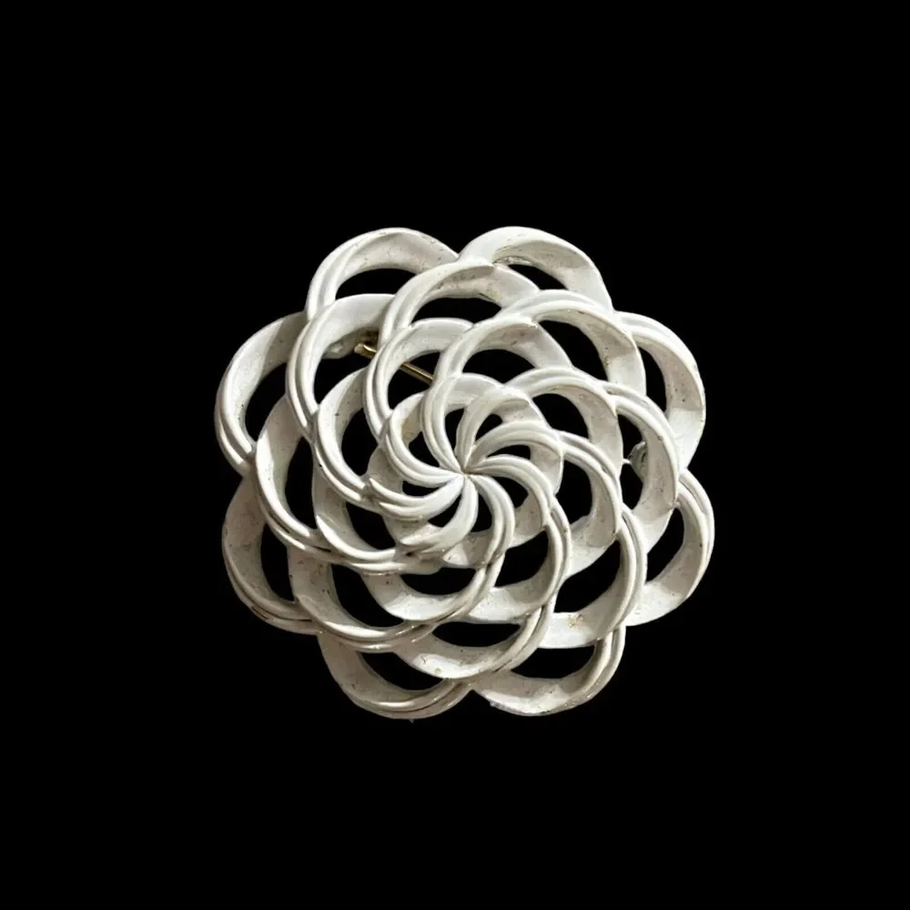 Vintage Crown Trifari White Enamel Swirl Curve Flower Brooch Signed Designer Pin
